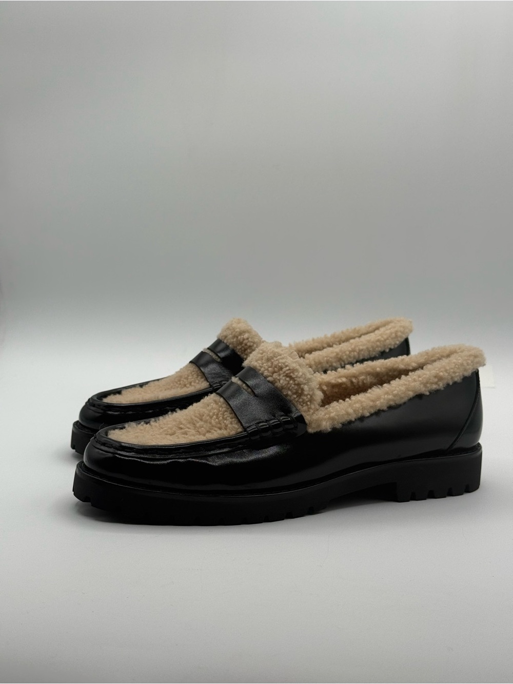 PAIGE Ellis Penny Loafers Black Leather Shearling Lined Lug Sole Slip-On Shoes - Picture 16 of 16